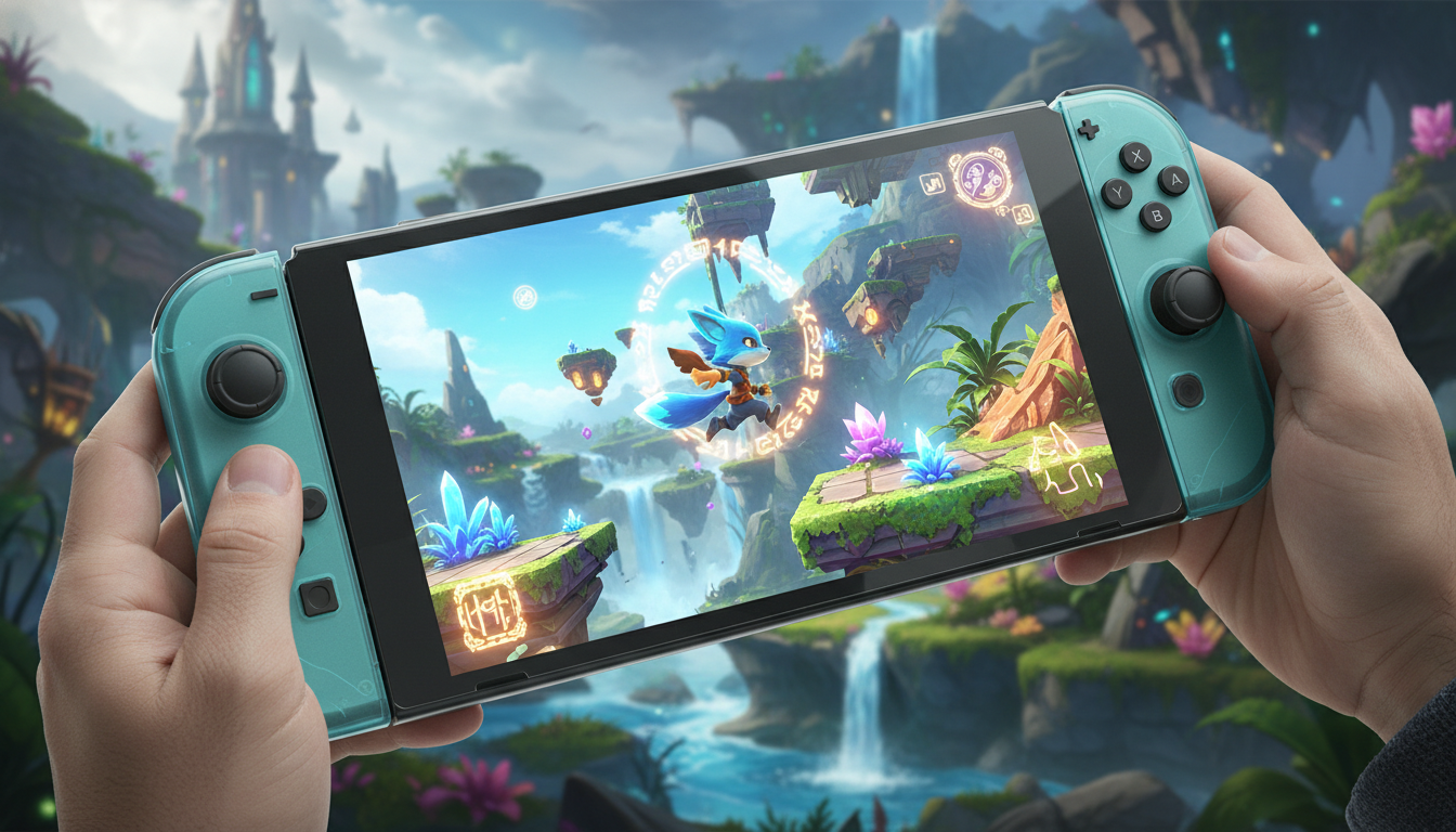 Console Nintendo Switch 2 com jogo de plataforma futurista em 2026