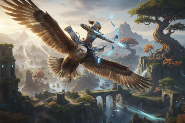 Caçador de 'The Pathless' com águia, arqueiro, PS5, jogo de aventura, mundo aberto