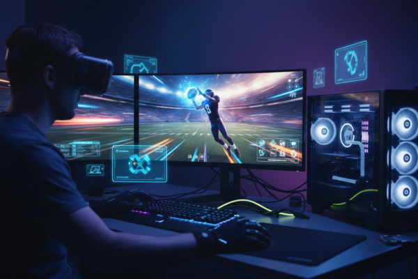 Gamer imerso em simulador de esportes VR no PC com gráficos de ponta