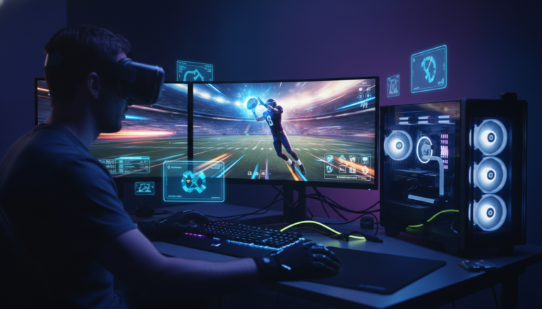Gamer imerso em simulador de esportes VR no PC com gráficos de ponta