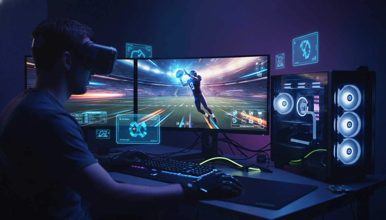 Gamer imerso em simulador de esportes VR no PC com gráficos de ponta