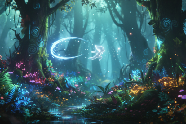 Ori, personagem principal de Ori and the Blind Forest, saltando em uma floresta mágica e colorida no PC