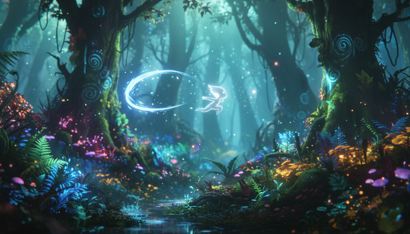 Ori, personagem principal de Ori and the Blind Forest, saltando em uma floresta mágica e colorida no PC