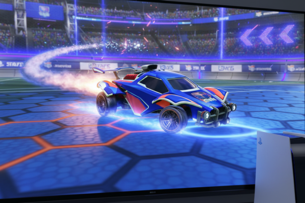 Carro de Rocket League em alta velocidade em um estádio do PS5, com gráficos 4K e 120 FPS