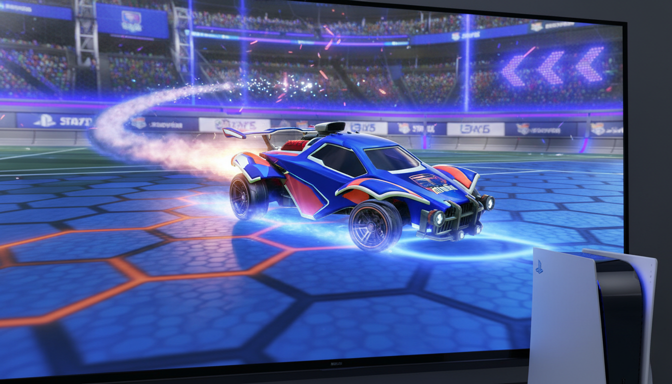 Carro de Rocket League em alta velocidade em um estádio do PS5, com gráficos 4K e 120 FPS