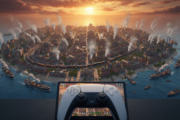 Cidade industrial de Anno 1800 vista de cima, com detalhes de fábricas, navios e prédios em um PS5.