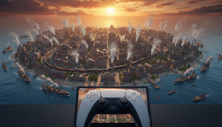 Cidade industrial de Anno 1800 vista de cima, com detalhes de fábricas, navios e prédios em um PS5.
