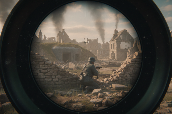 Visão da mira de Sniper Elite 5 no PC, com alvo inimigo ao longe e retículas de precisão.