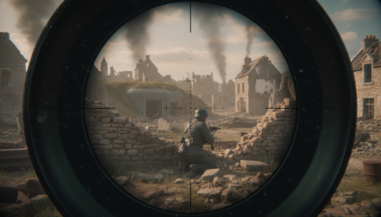 Visão da mira de Sniper Elite 5 no PC, com alvo inimigo ao longe e retículas de precisão.