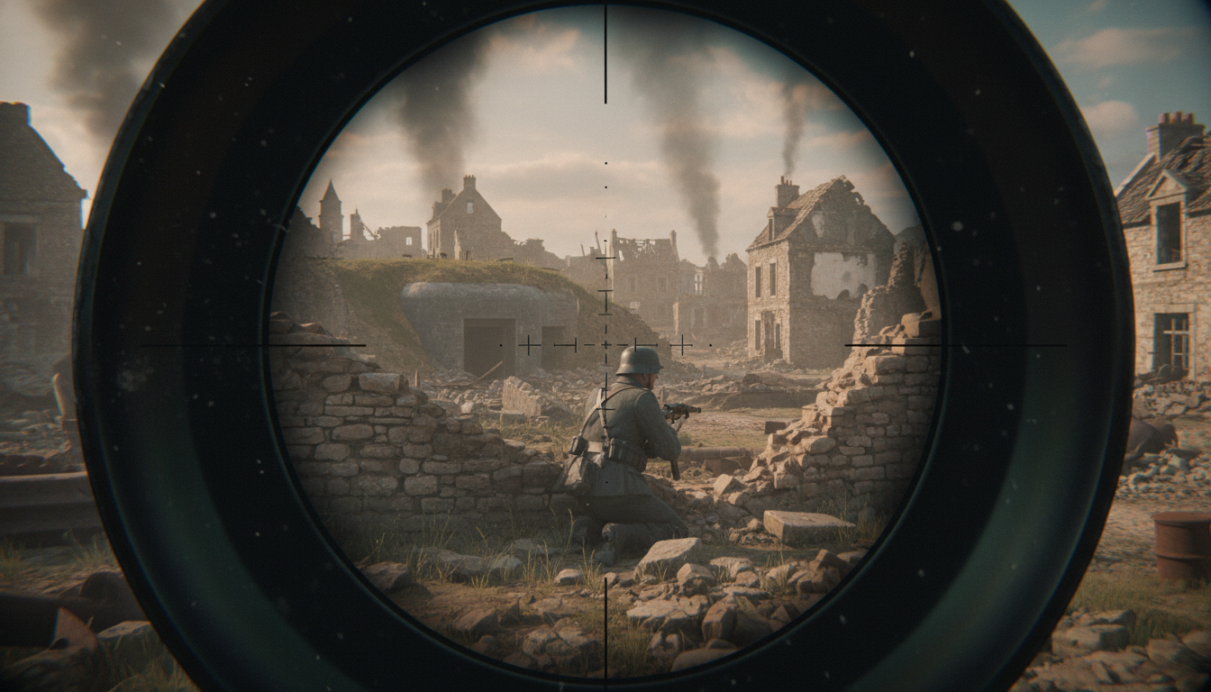 Visão da mira de Sniper Elite 5 no PC, com alvo inimigo ao longe e retículas de precisão.