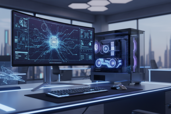 PC futurista com componentes de alta tecnologia e IA, simbolizando os lançamentos de PC para 2026 e o futuro da computação.