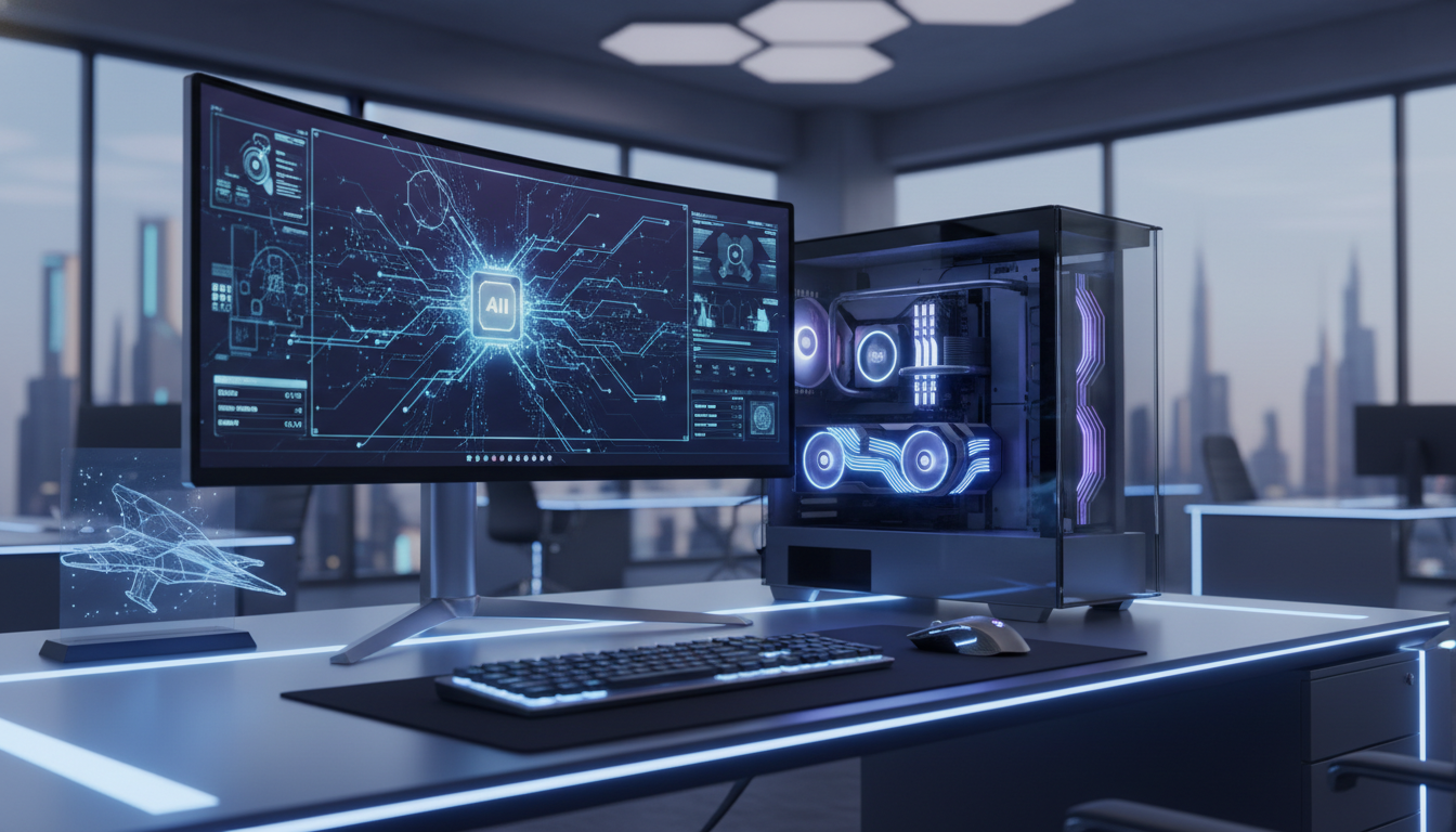 PC futurista com componentes de alta tecnologia e IA, simbolizando os lançamentos de PC para 2026 e o futuro da computação.