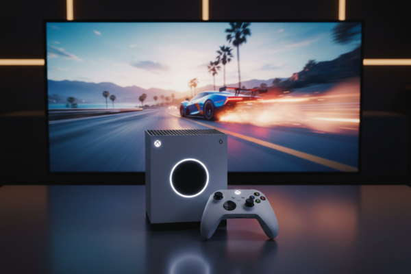 Xbox Series S com controle em destaque e jogo de corrida em tela, simbolizando o guia definitivo para entusiastas de velocidade.