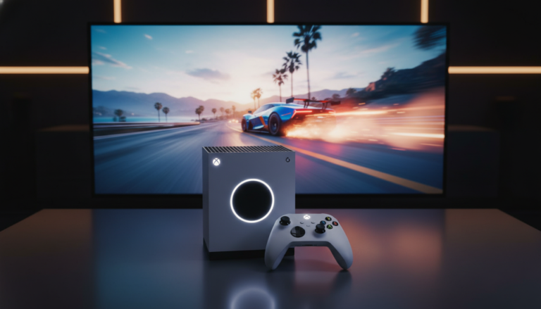 Xbox Series S com controle em destaque e jogo de corrida em tela, simbolizando o guia definitivo para entusiastas de velocidade.
