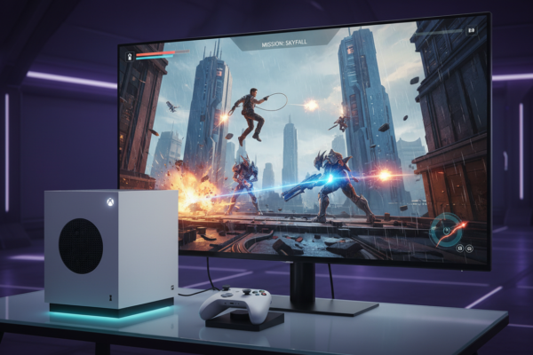 Xbox Series S rodando jogo de ação e aventura com gráficos e gameplay otimizados