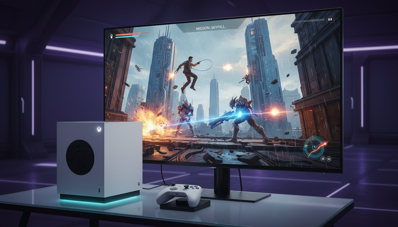 Xbox Series S rodando jogo de ação e aventura com gráficos e gameplay otimizados