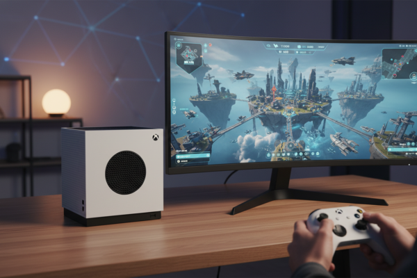 Xbox Series S com controle na mão, jogando um jogo de estratégia em um monitor.