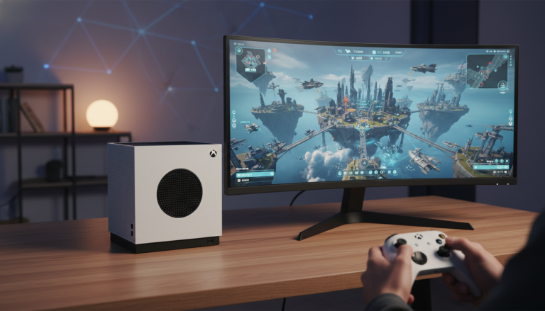 Xbox Series S com controle na mão, jogando um jogo de estratégia em um monitor.