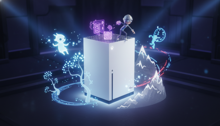 Xbox Series S com personagens de jogos de plataforma como Ori e Psychonauts 2, ilustrando narrativas ricas.