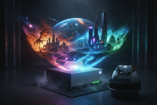 Xbox Series S com projeções holográficas de RPGs de 2026, incluindo cenas de fantasia e ficção científica, destacando jogos exclusivos e multiplataforma.