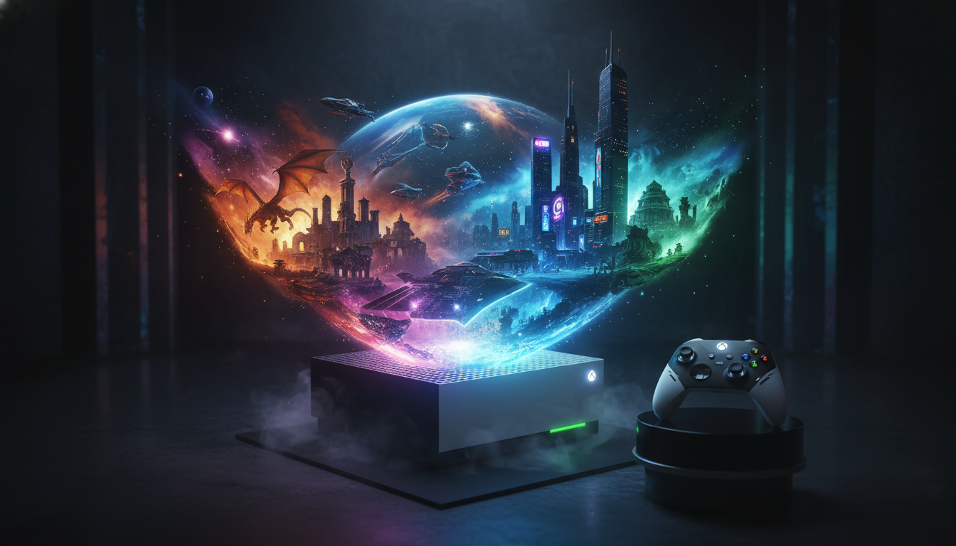 Xbox Series S com projeções holográficas de RPGs de 2026, incluindo cenas de fantasia e ficção científica, destacando jogos exclusivos e multiplataforma.