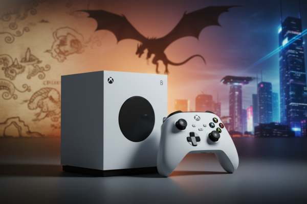 Xbox Series S com controle, elementos de RPG ao fundo