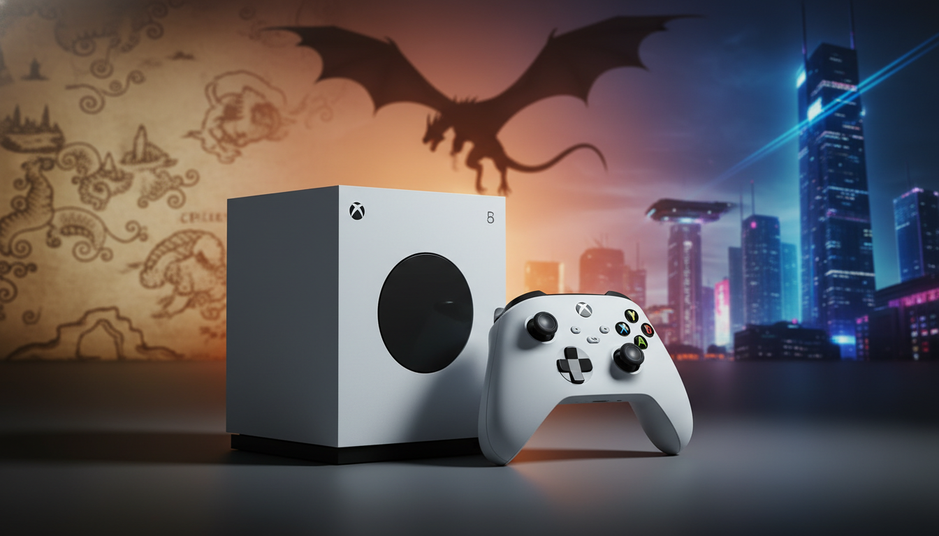Xbox Series S com controle, elementos de RPG ao fundo