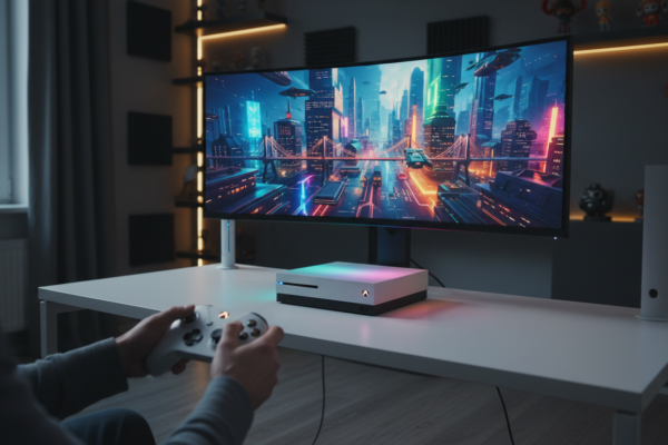 Console Xbox Series S rodando um jogo de simulação de cidade futurista, com gráficos detalhados e iluminação vibrante, representando os lançamentos de 2026.