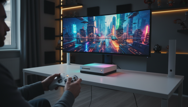 Console Xbox Series S rodando um jogo de simulação de cidade futurista, com gráficos detalhados e iluminação vibrante, representando os lançamentos de 2026.