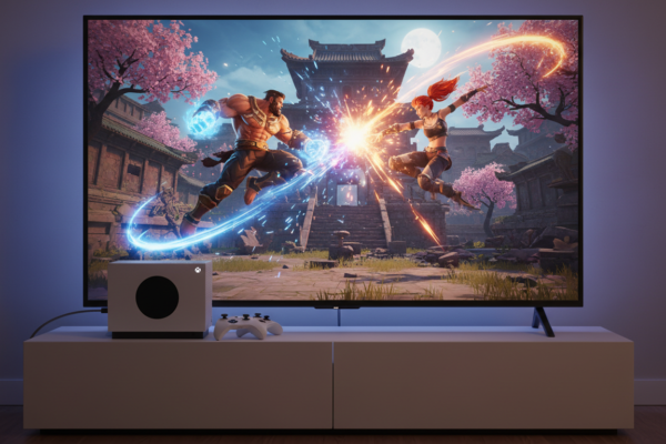 Xbox Series S exibindo um jogo de luta com gráficos de ponta, como Mortal Kombat 11 ou Street Fighter 6, em uma TV de alta definição.