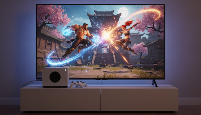 Xbox Series S exibindo um jogo de luta com gráficos de ponta, como Mortal Kombat 11 ou Street Fighter 6, em uma TV de alta definição.