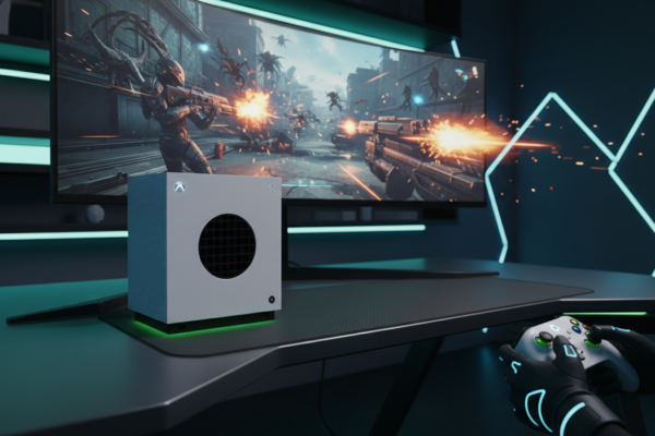 Console Xbox Series S em 2026 com jogo de tiro futurista em alta resolução