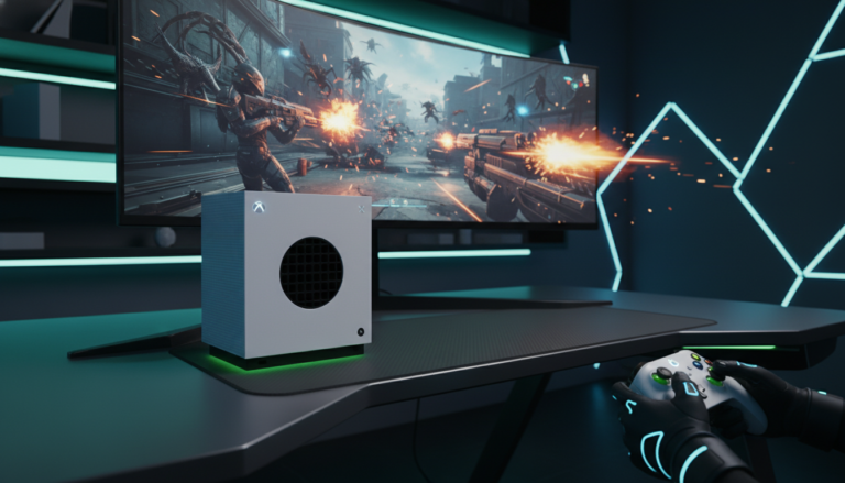Console Xbox Series S em 2026 com jogo de tiro futurista em alta resolução