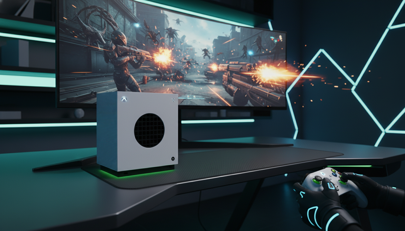 Console Xbox Series S em 2026 com jogo de tiro futurista em alta resolução