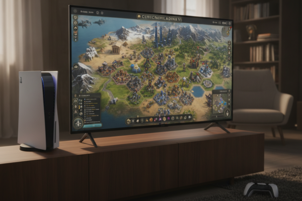 Gameplay de Civilization VI no PS5 com cidades, unidades e maravilhas históricas em um mapa estratégico