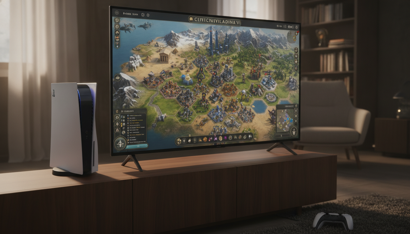 Gameplay de Civilization VI no PS5 com cidades, unidades e maravilhas históricas em um mapa estratégico