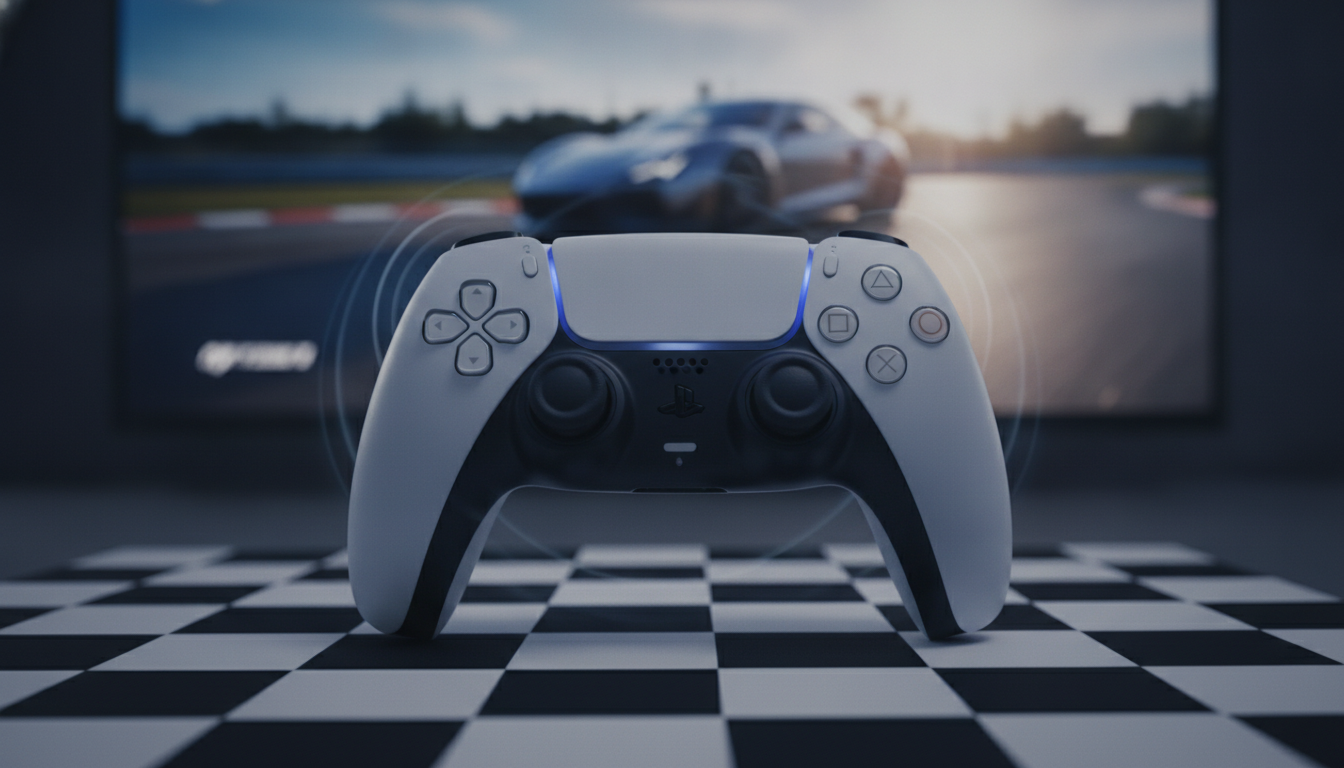 Controle DualSense PS5 sobre bandeira de corrida com jogo de corrida na tela, ilustrando a evolução dos jogos de corrida no PS5.