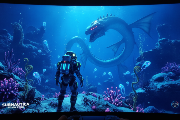 Mergulhador com traje avançado em Subnautica Below Zero PS5, observando um leviathan em águas profundas e bioluminescentes