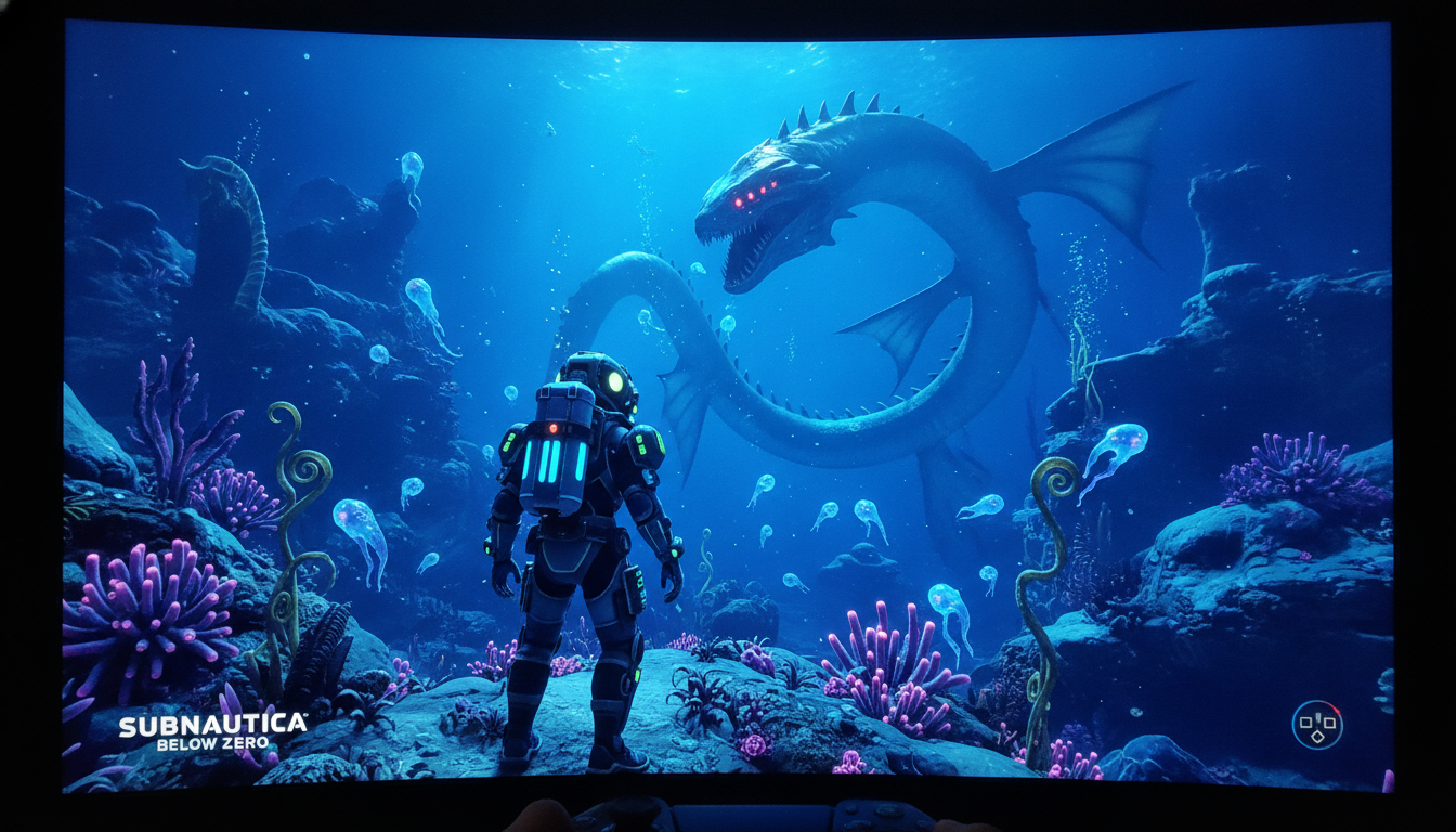 Mergulhador com traje avançado em Subnautica Below Zero PS5, observando um leviathan em águas profundas e bioluminescentes