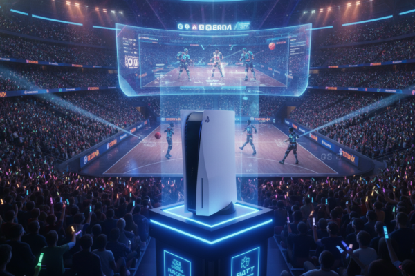 Estádio futurista com PS5, jogos de esportes 2026, nova geração, gráficos realistas