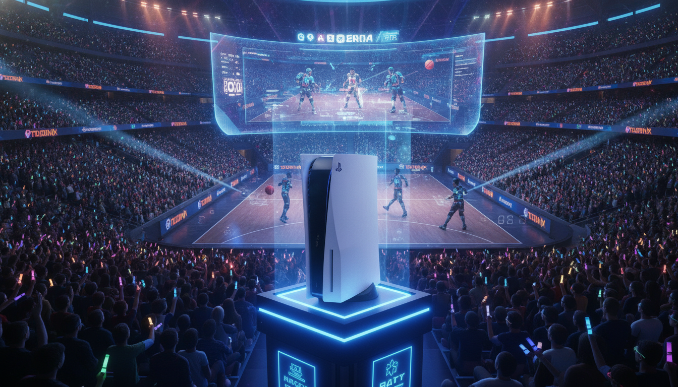 Estádio futurista com PS5, jogos de esportes 2026, nova geração, gráficos realistas