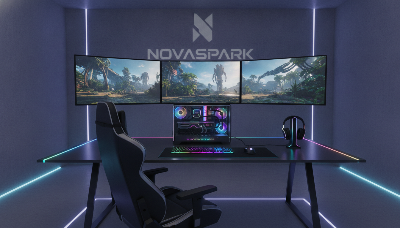 PC gamer de 2026, setup de jogos futurista, hardware de última geração, monitores de alta resolução, jogos para PC.
