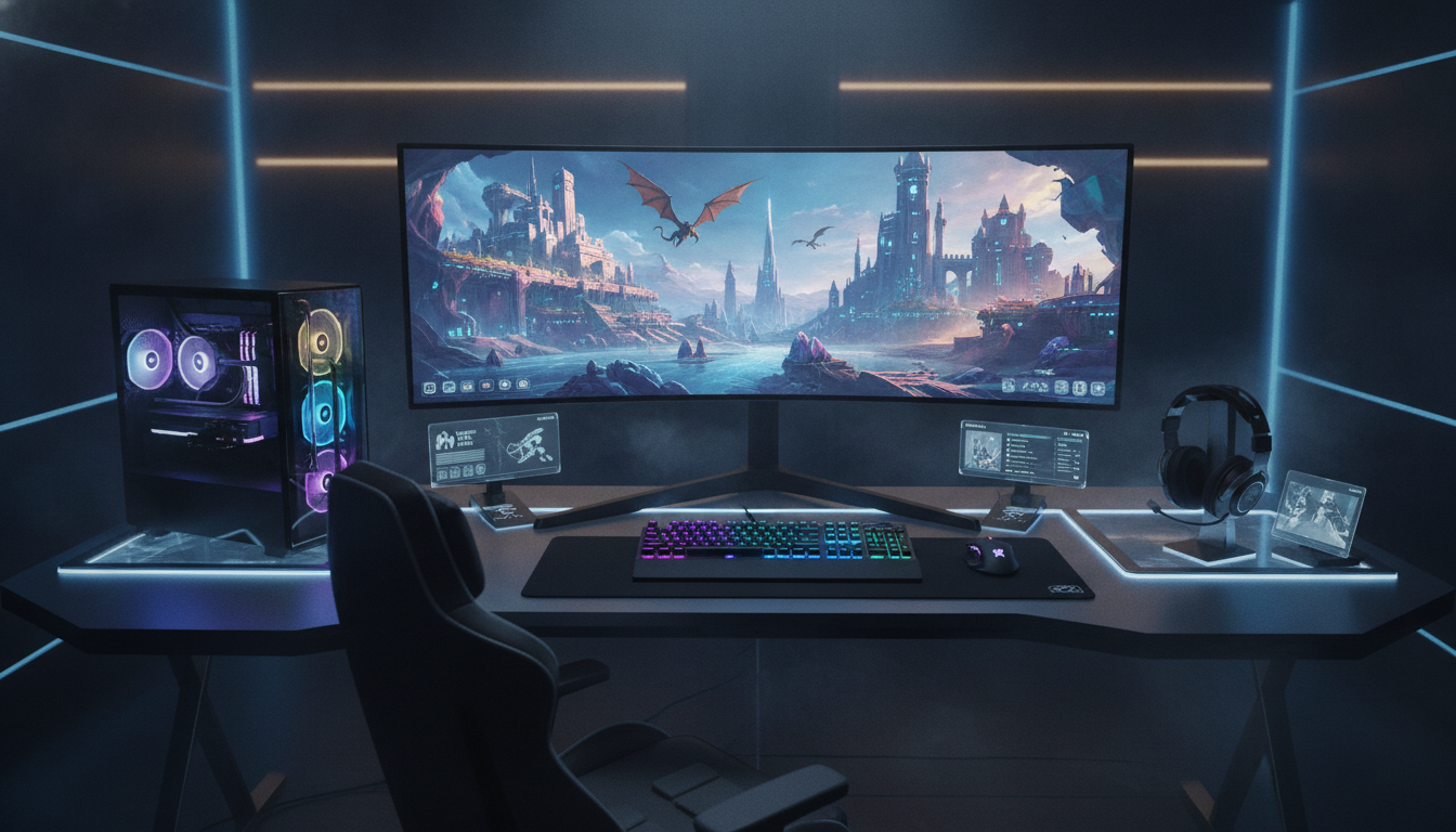 Setup gamer de alta performance com monitor curvo, teclado e mouse RGB, pronto para jogar RPGs de PC de 2026 no lançamento.