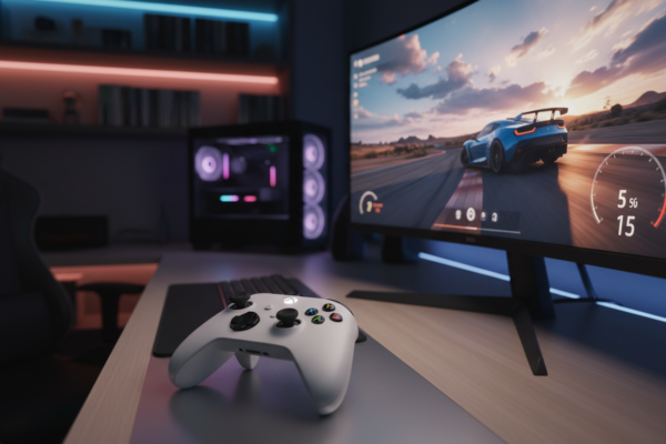 Controle Xbox Series S em jogo de corrida na tela