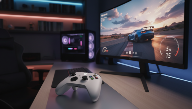 Controle Xbox Series S em jogo de corrida na tela