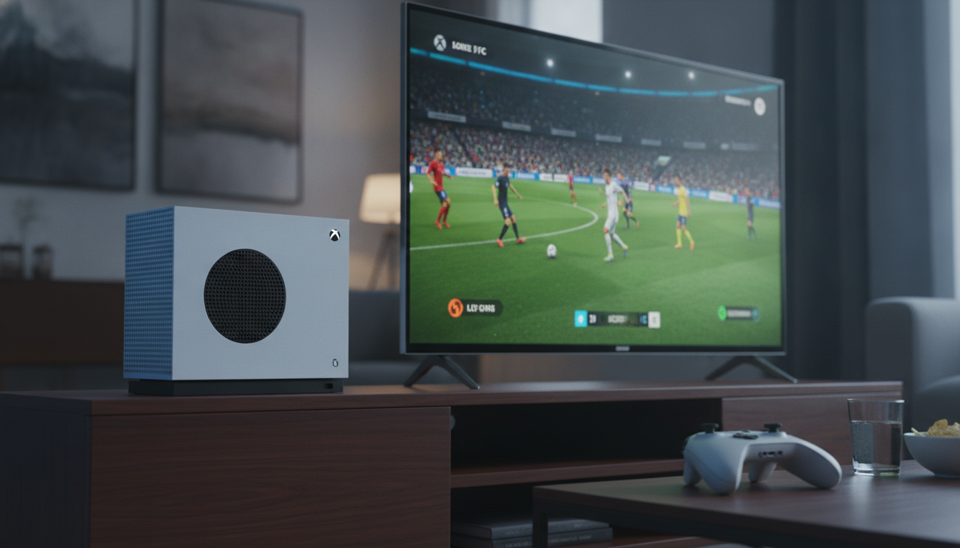 Xbox Series S com jogo de futebol na tela, controle de Xbox, console branco, jogos de esporte de nova geração.