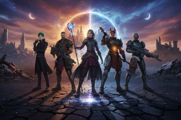 Personagens de Divinity Original Sin 2, Baldur's Gate 3, XCOM 2, Persona 5 Royal e Wasteland 3 em pose de combate