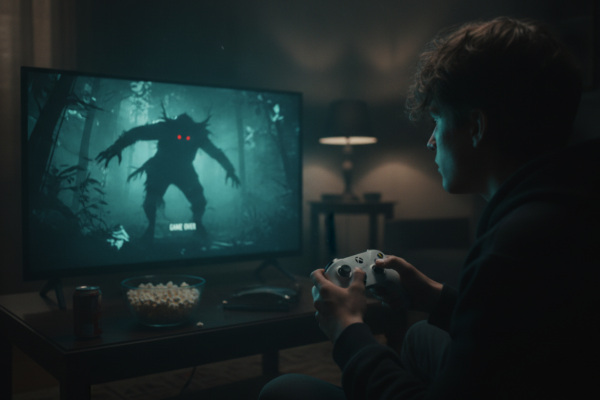 Pessoa jogando jogos de terror para Xbox Series S, imersão em tela assustadora, controle Xbox Series S, experiência de terror noturna