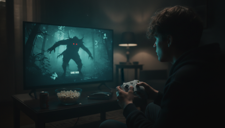 Pessoa jogando jogos de terror para Xbox Series S, imersão em tela assustadora, controle Xbox Series S, experiência de terror noturna