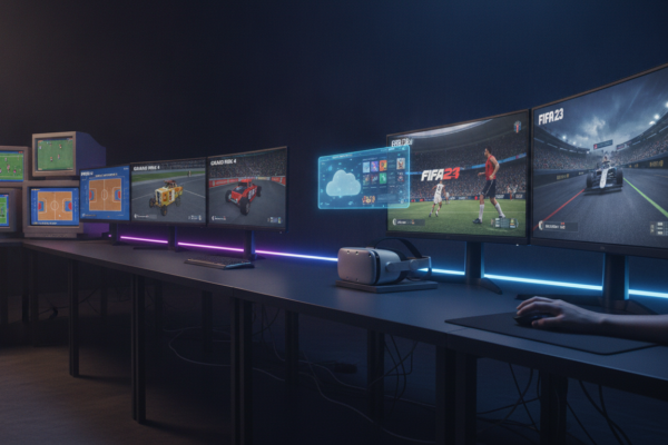 Linha do tempo visual da evolução dos jogos de esportes no PC, mostrando gráficos de diferentes eras, do 2D ao 3D fotorrealista.